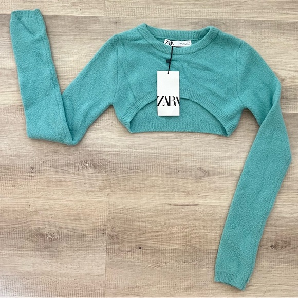 Knit Arm Warmer Sweater Turquoise Knit Sweater Top - Picture 2 of 4